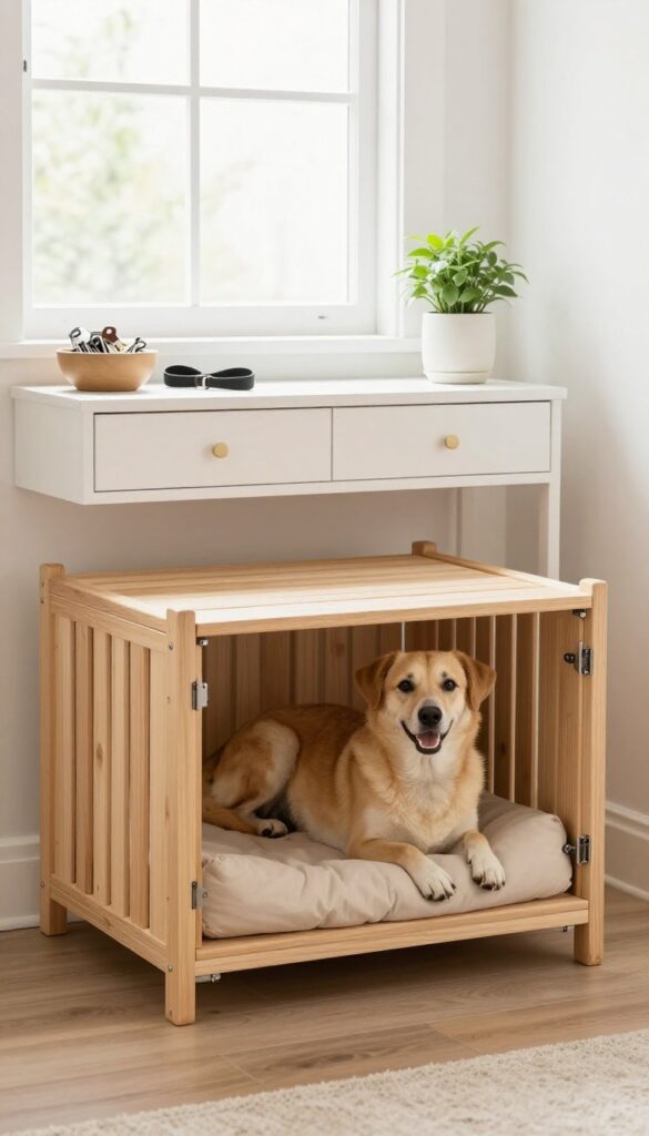 Dog crate used as base for console table in entryway with dog peeking out