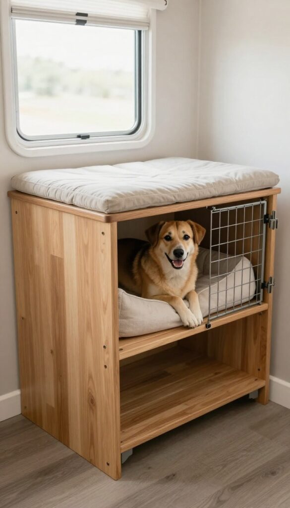 RV bench seat kennel combo with dog peeking out from crate