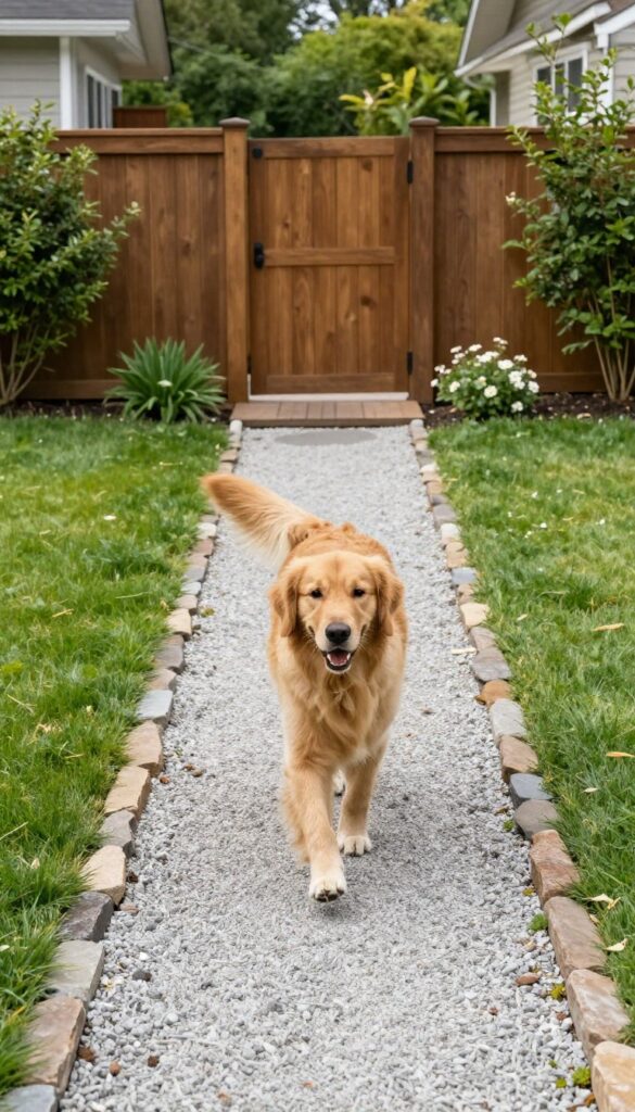 Dog walking on a pea gravel path in a backyard with stone edging and green grass