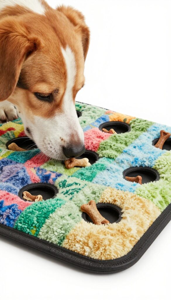 DIY snuffle mat with fleece strips and dog treats, dog sniffing