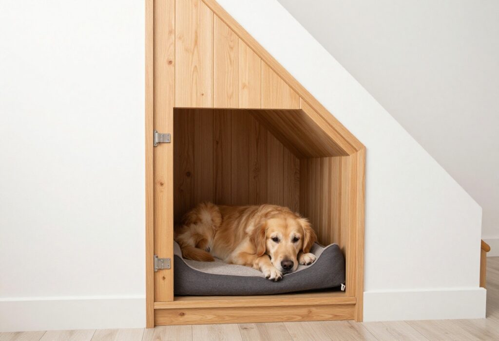 Custom built-in dog kennel under stairs with a Golden Retriever resting inside