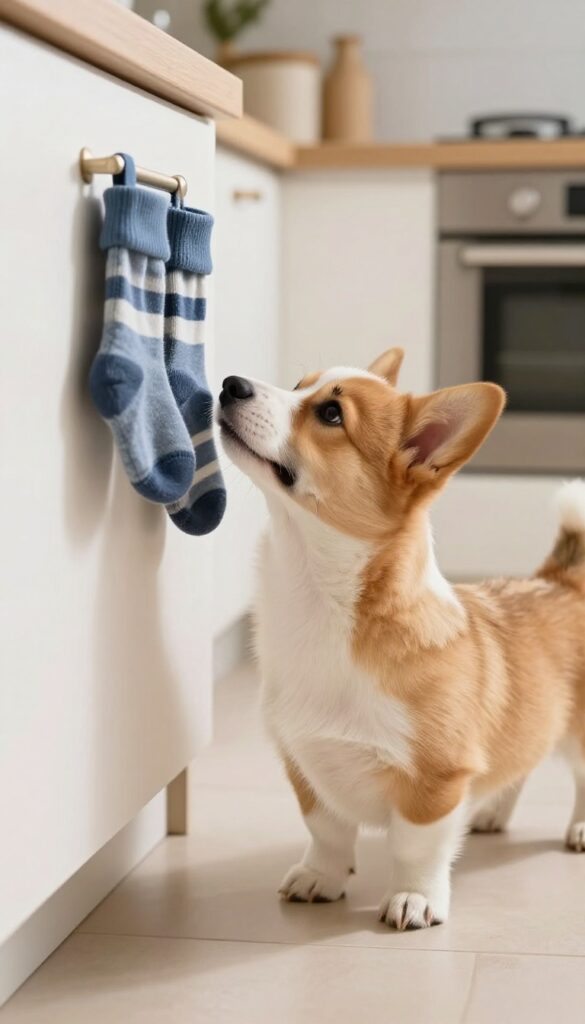 Curious puppy opening a cabinet and pulling out socks in a bright kitchen
