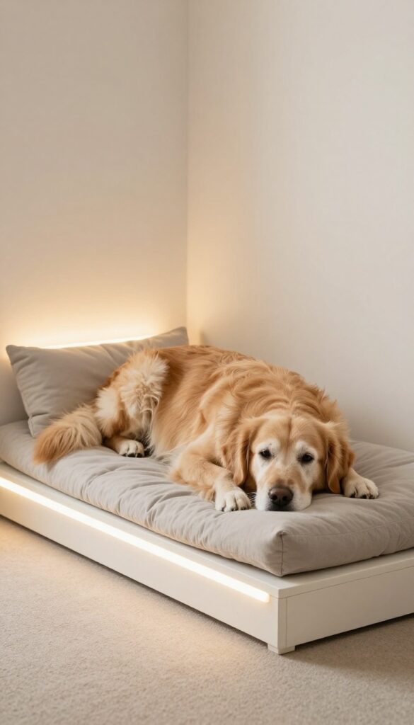 Senior dog sanctuary under stairs with ramp access and orthopedic bed
