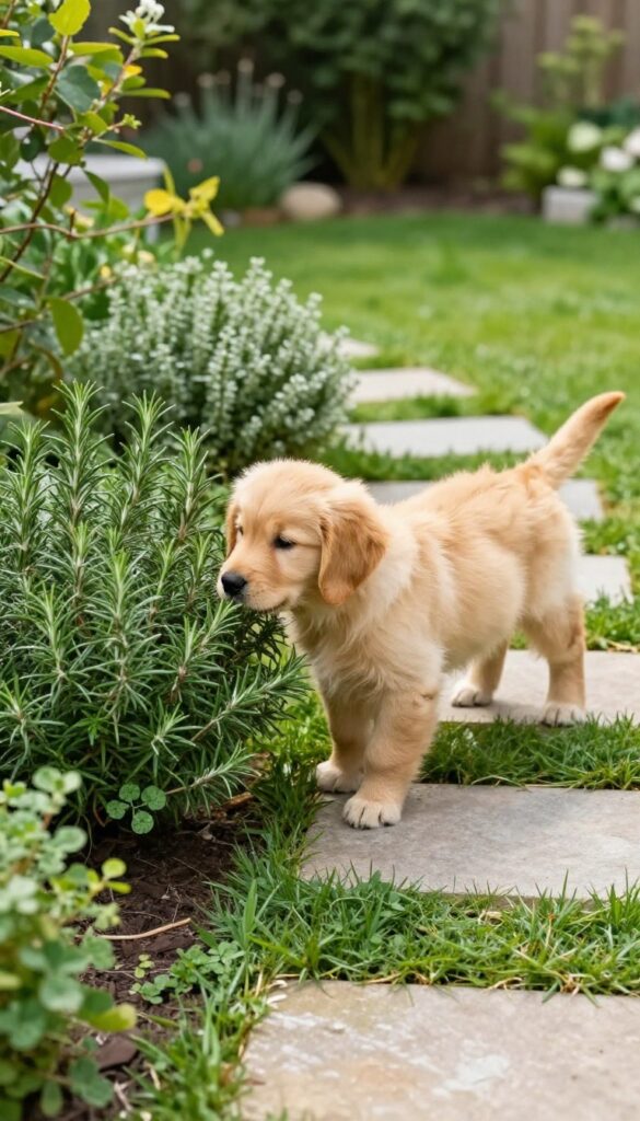 Dog-friendly backyard with rosemary bushes, stepping stones, and clover ground cover, golden retriever puppy sniffing plants
