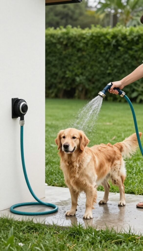 Retractable hose reel mounted on exterior wall near laundry room, rinsing muddy dog paws outdoors.
