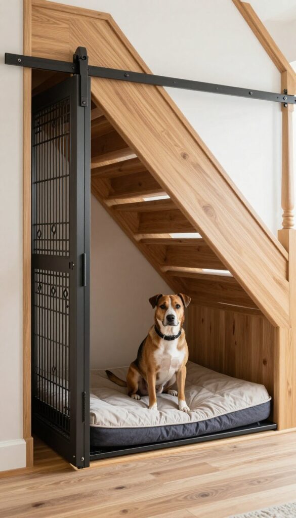 Custom under-stairs dog kennel with sliding barn door and dog peeking out