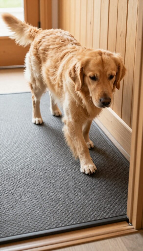 Dog stepping onto a non-slip floor mat inside a dog house