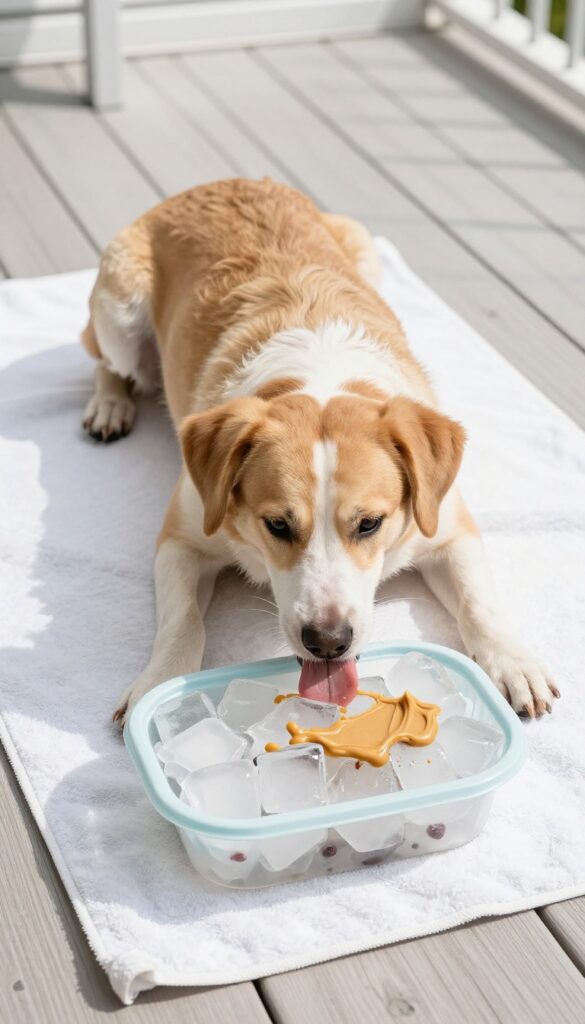 Dog licking an ice block with treats on a towel outdoors