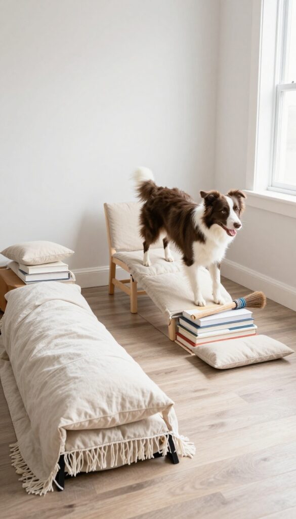 Dog jumping over a broomstick obstacle in a living room course