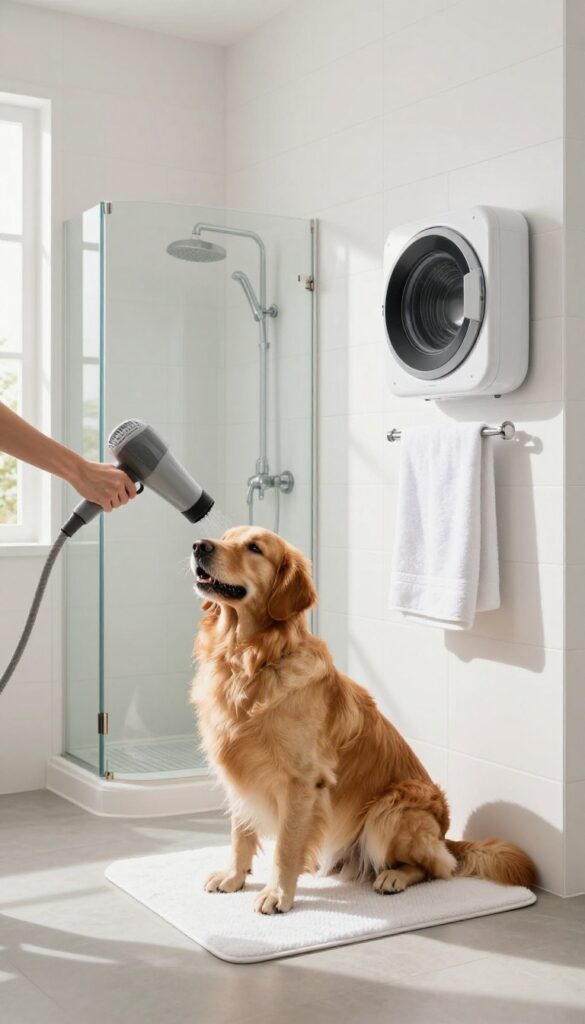 Laundry room dog shower with wall-mounted pet dryer and heated towel rack, golden retriever being dried
