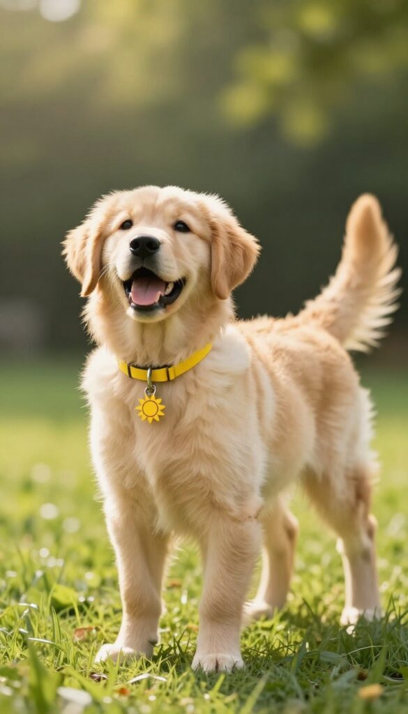 Happy golden retriever puppy wearing a yellow collar in a sunny field