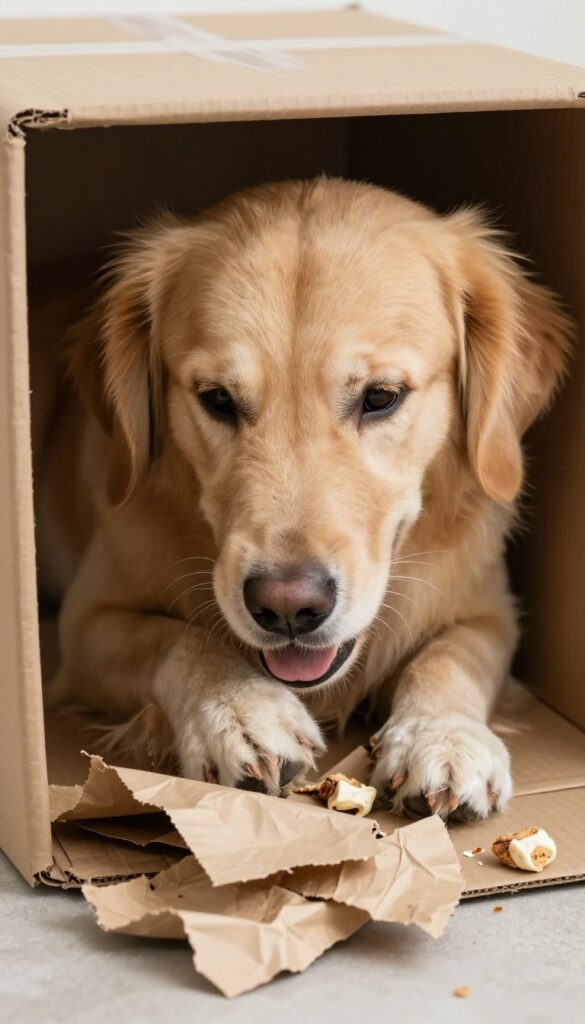 Dog playing with DIY cardboard box puzzle filled with crumpled paper and hidden treats