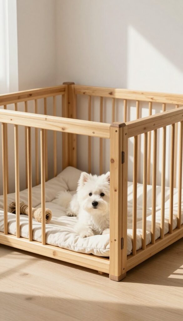Eco-friendly dog crate made from sustainable bamboo and reclaimed wood in a bright living room with a dog resting inside.
