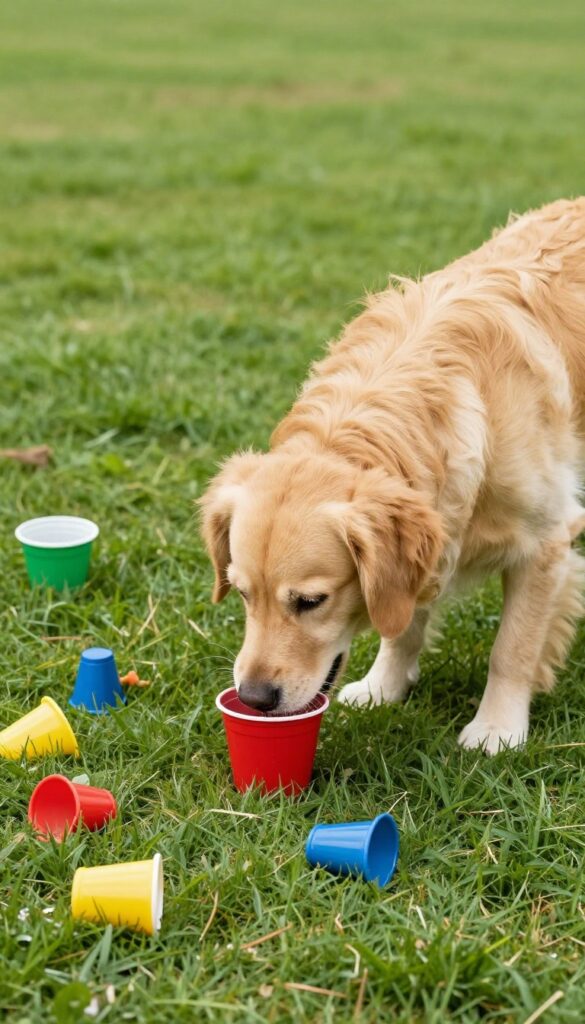 Dog participating in a treasure hunt, sniffing under a cup on grass with other hidden treats nearby
