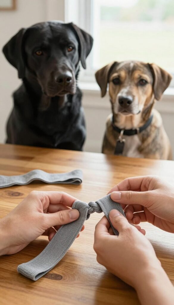 Person braiding old T-shirt strips into a tug toy for a dog waiting beside the table.