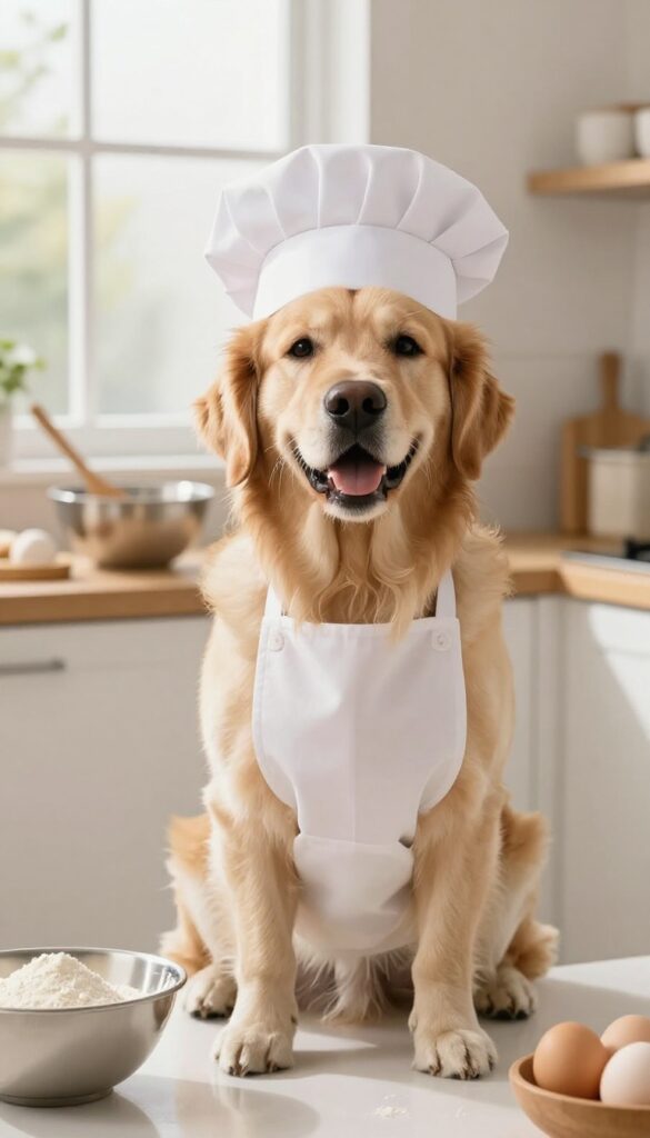 Dog wearing chef hat and apron in kitchen, photorealistic pet photography