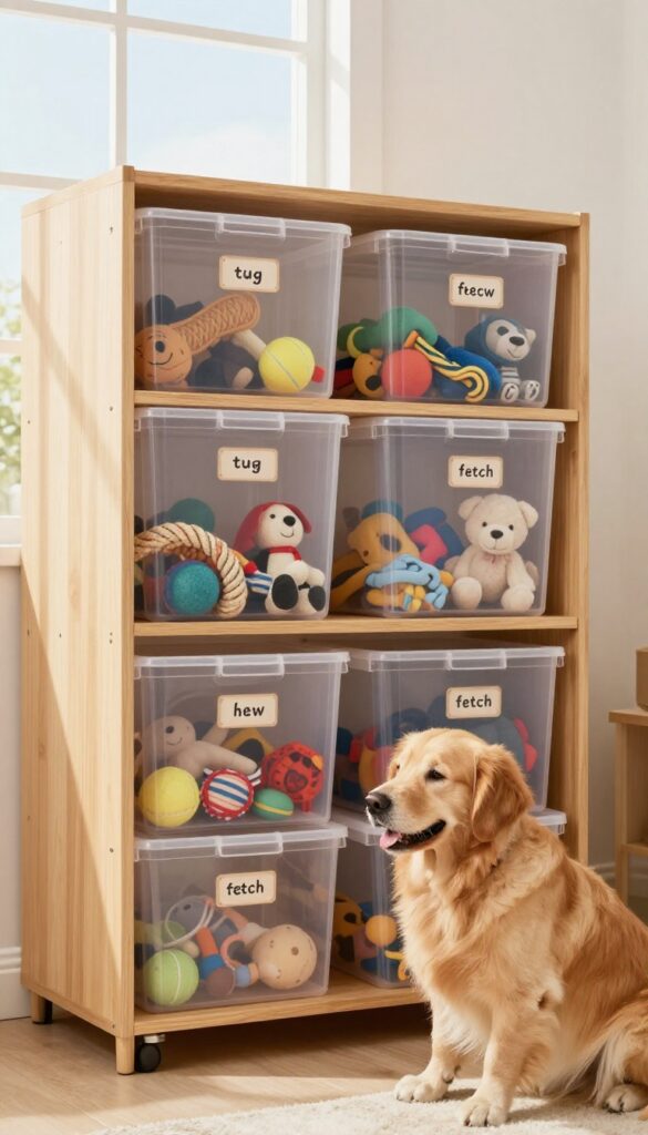 Stackable clear bins on a shelf in a dog kennel room, organized by toy type, with a golden retriever looking on.