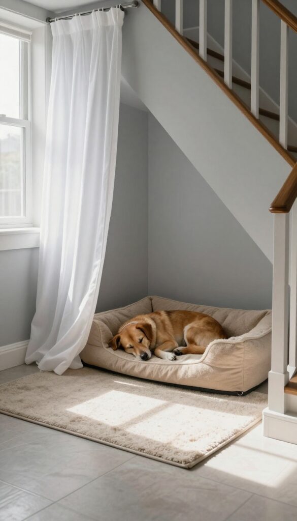 Cozy under-stairs dog den with plush bed and curtain, bright natural light