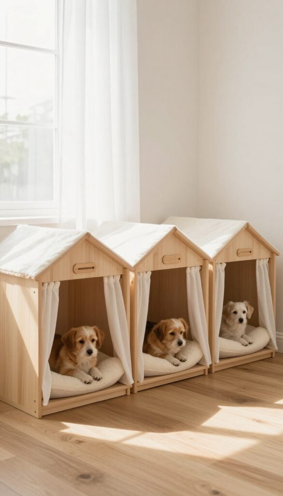 Under-stairs multi-dog den with separate cubbies, each with a bed and name tag, two dogs resting, bright natural light.