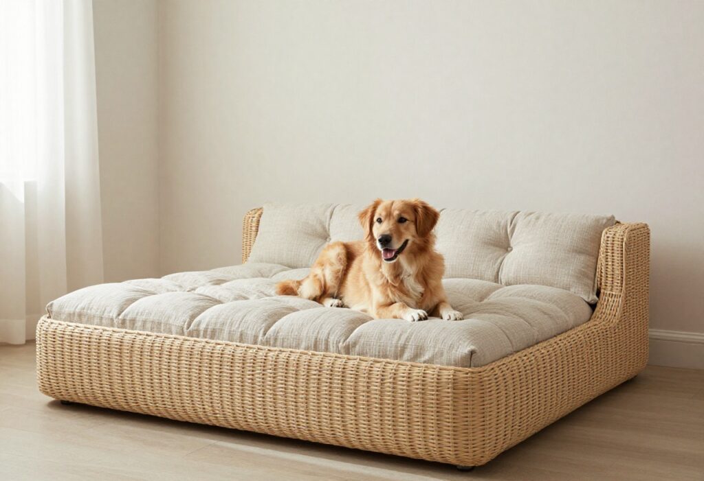 A stylish living room featuring a decorative dog bed that blends with the decor, with a dog resting comfortably.