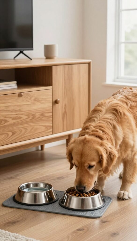 Dog eating from raised bowls on a console table with a silicone mat in a bright living room