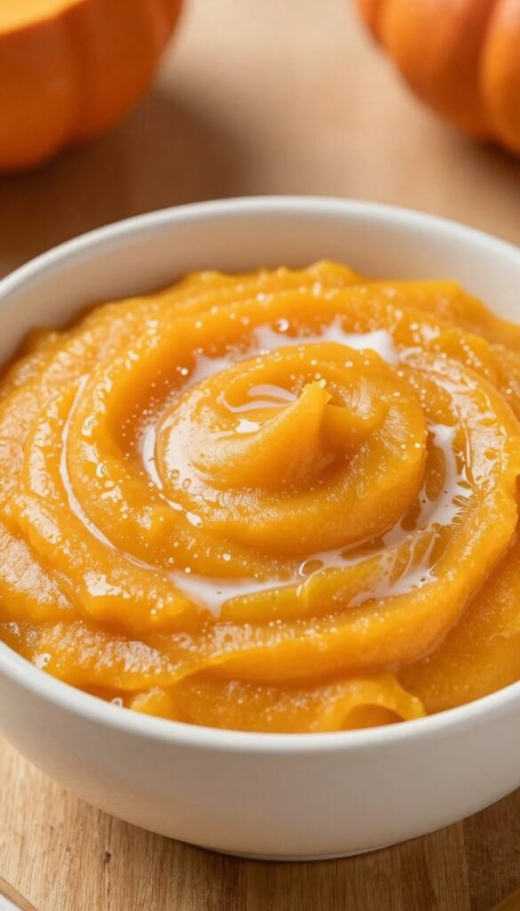 Close-up of a shallow bowl with frozen pumpkin and coconut oil mixture for dog enrichment