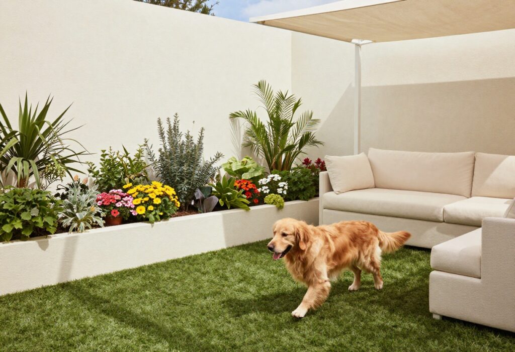 Dog playing in a stylish, dog-safe backyard with artificial turf and raised garden beds