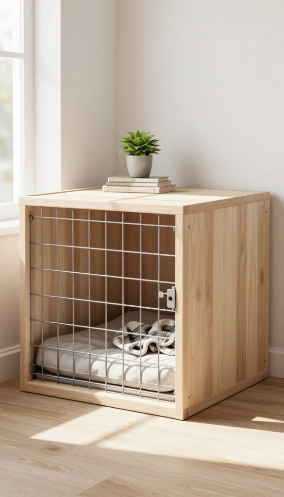 A wooden frame built around a wire dog crate, turning it into a stylish side table with a plant and books on top, in a bright living room.