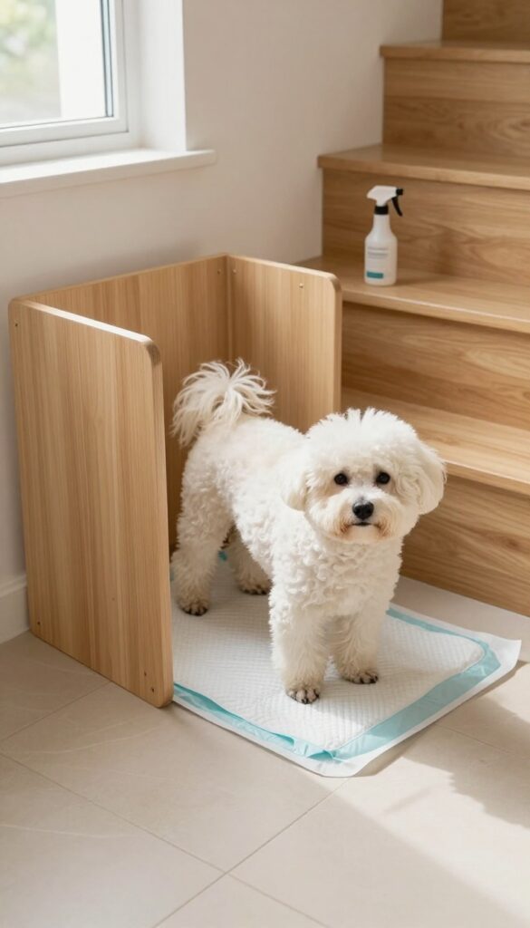 Indoor potty area for small dogs under stairs with privacy screen and washable pad