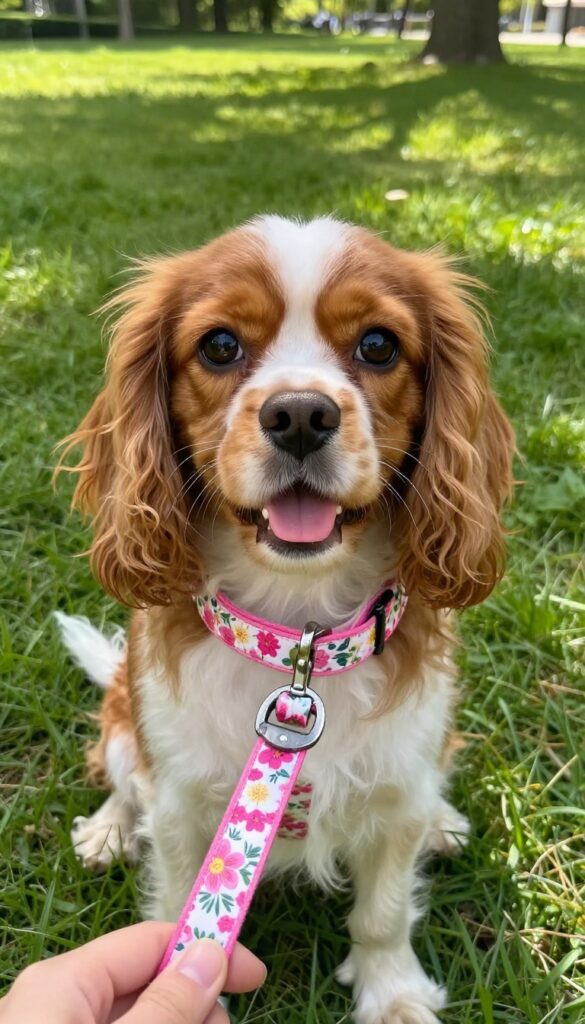 Small fluffy dog wearing a floral print collar and matching leash in a sunlit park