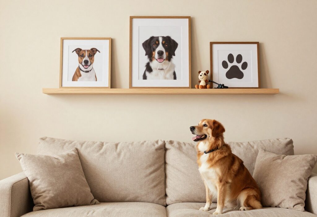 Cozy living room wall decorated with dog photos and paw print art, with a dog sitting on the couch looking at the decor.