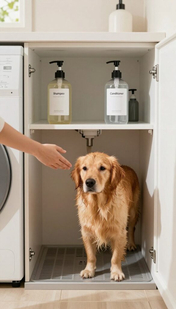 Cabinet-mounted dog shampoo dispenser in a laundry room with a golden retriever at the wash station.
