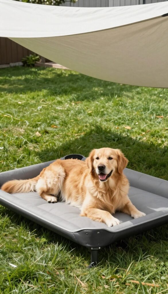 A golden retriever resting on a dog bed under a shade sail in a sunny backyard.