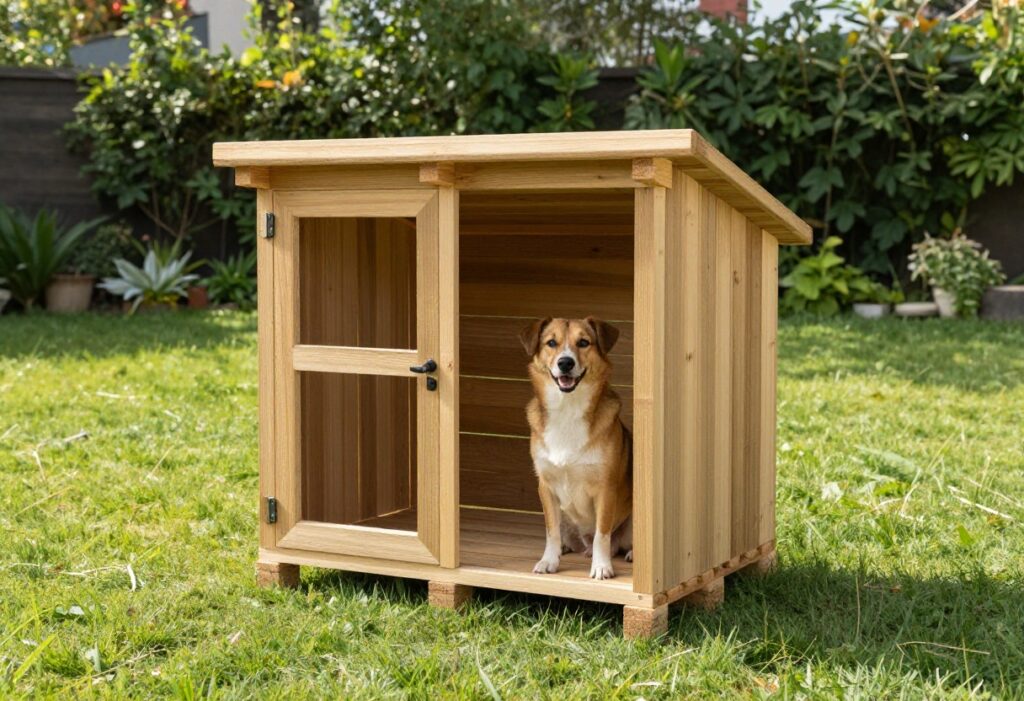 DIY outdoor dog kennel made from wooden pallets with a roof, in a sunny backyard with a dog inside.