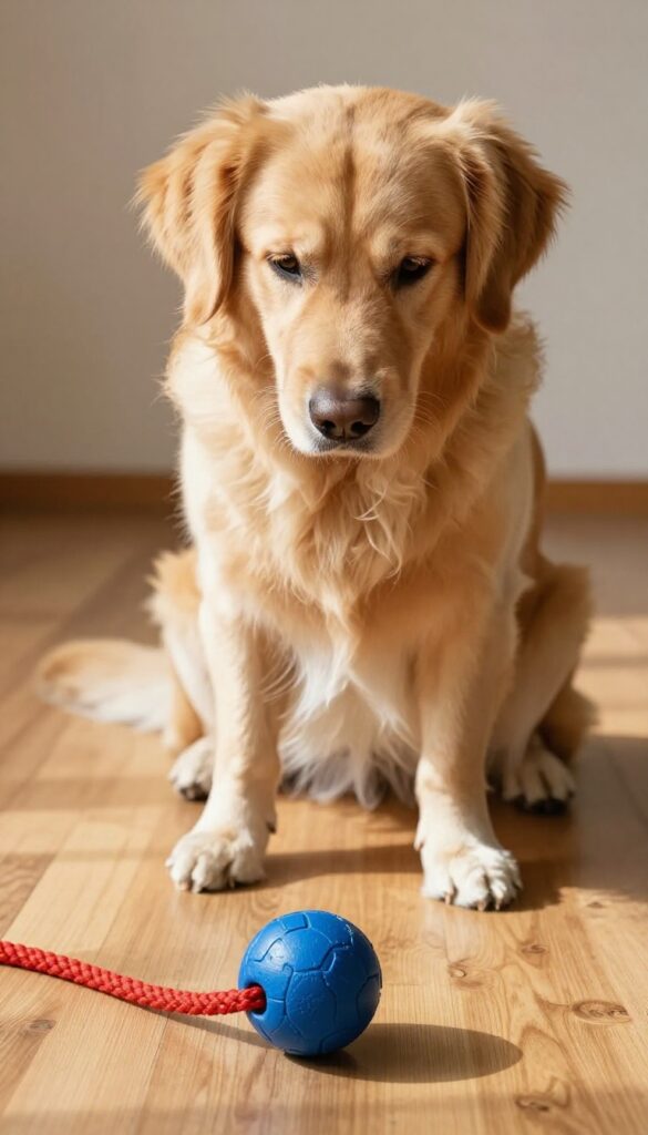 Golden retriever focused on a blue ball and red rope on a sunlit wooden floor