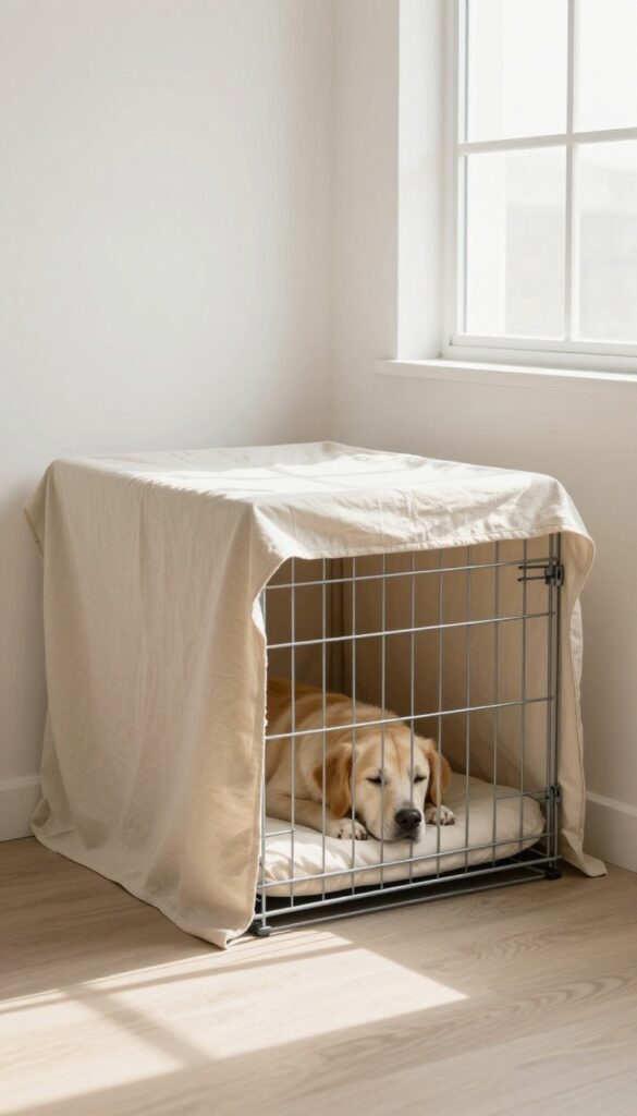 Dog crate covered with a breathable fabric in a bright bedroom, creating a calm den-like space for a resting dog.