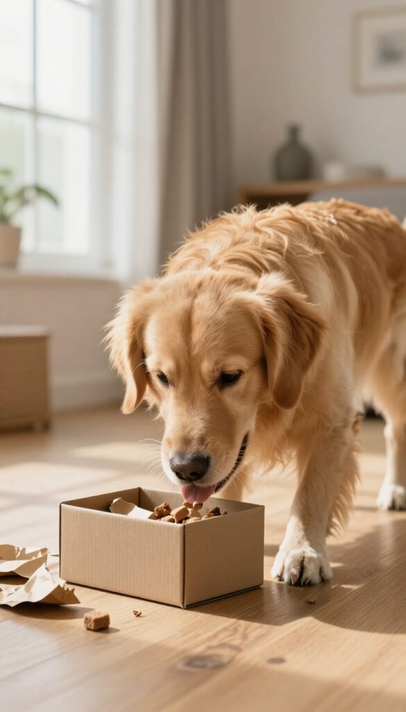 Golden retriever playing with a cardboard box puzzle filled with crumpled paper and treats on a wooden floor