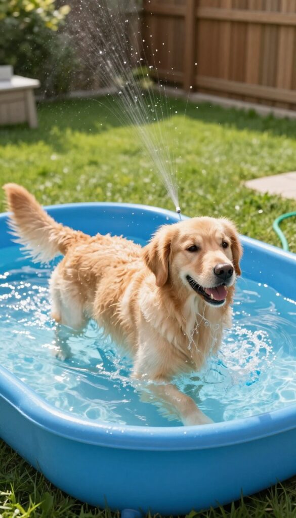 Dog playing in a splash pool in a backyard dog run with a misting station