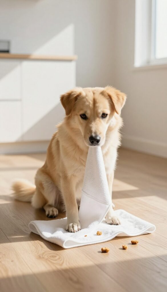 Dog unrolling a kitchen towel to find hidden treats