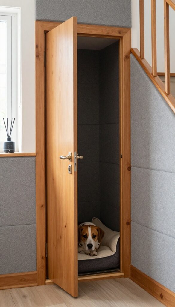 Cozy soundproofed dog nook under stairs with acoustic panels and a solid door