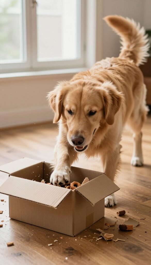 Golden retriever shredding a cardboard box with treats inside
