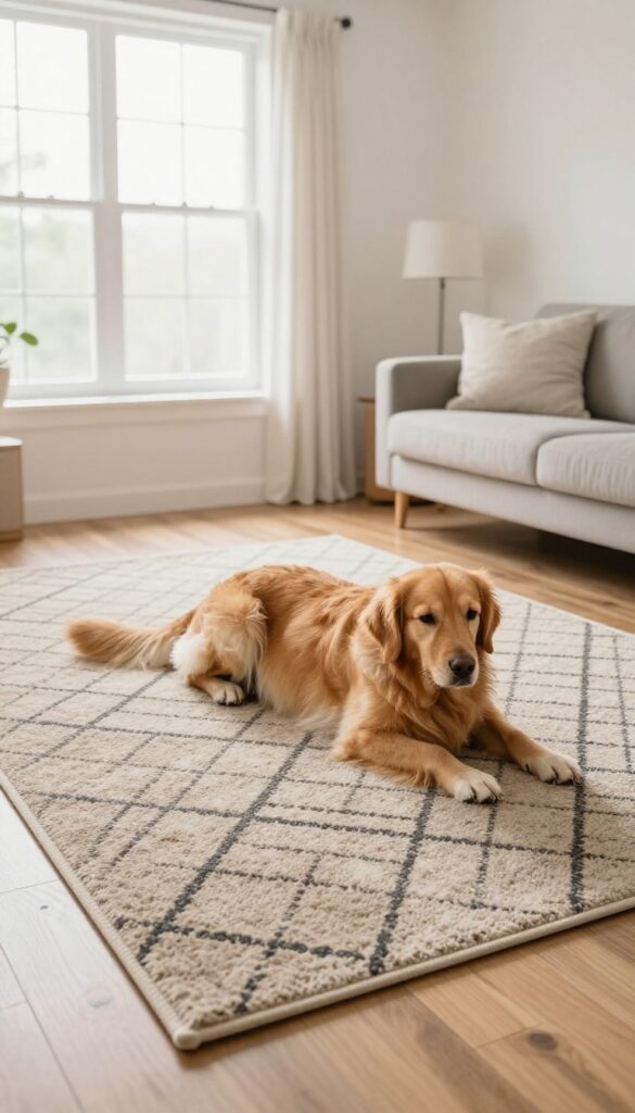 A golden retriever lying on a non-slip machine-washable rug in a bright living room with hardwood floors.