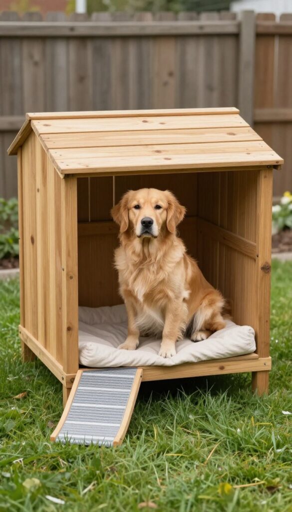 Raised platform dog kennel in a small sunny backyard with a dog sitting on top