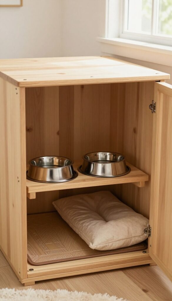 Under-stairs dog kennel with built-in raised feeding station, stainless steel bowls, and cozy sleeping area, bright natural light.