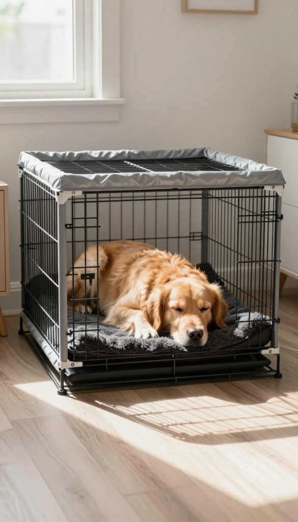 Dog crate with washable liner and fleece pad, clean and bright living room setting, Golden Retriever resting inside.