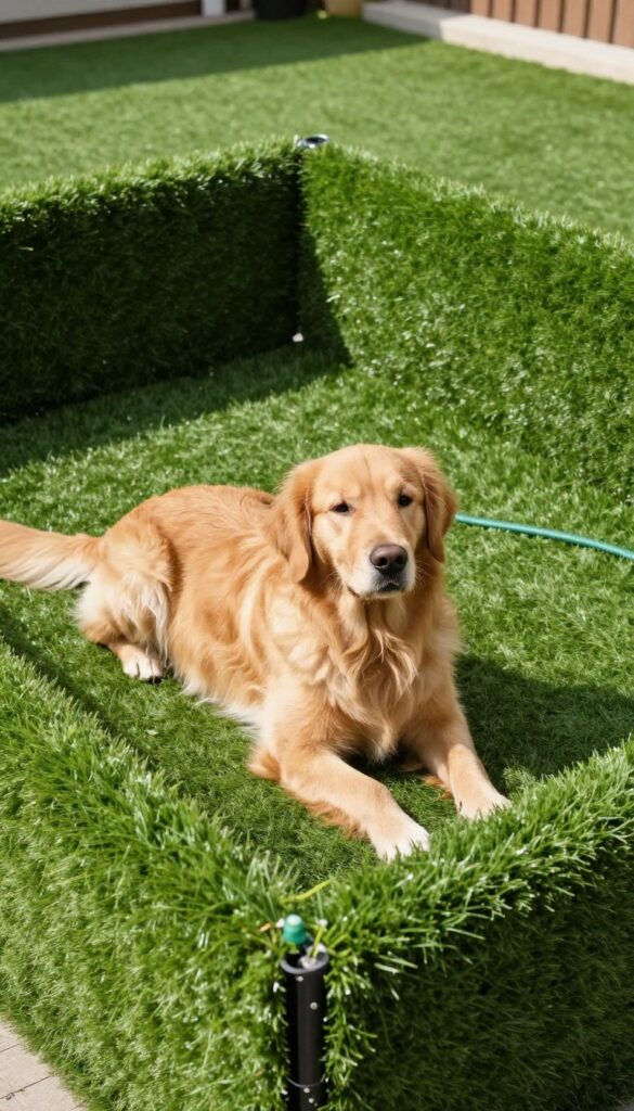 Dog resting on artificial grass in outdoor kennel with drainage system