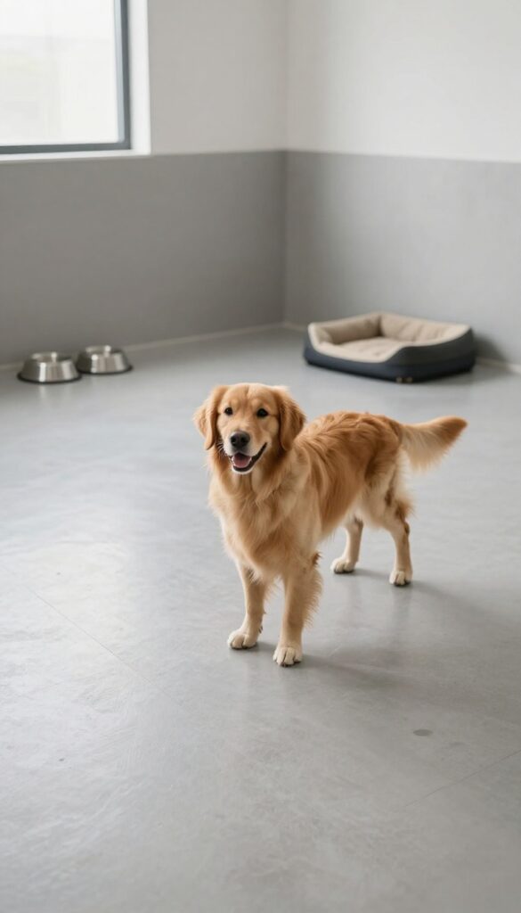 Dog standing on clean epoxy floor in bright indoor kennel