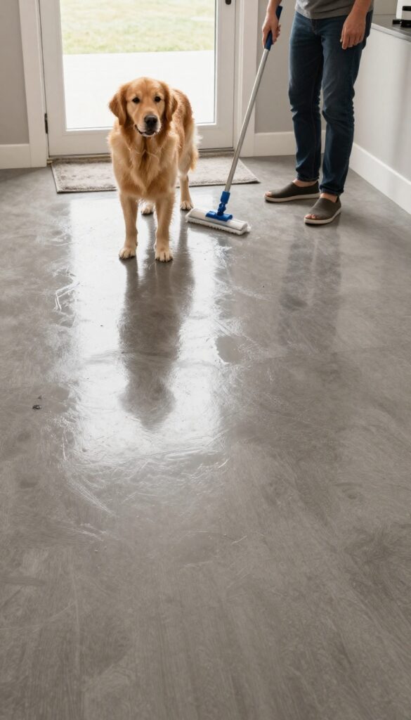 Dog utility room with mud-proof luxury vinyl flooring and a person mopping, golden retriever standing nearby.