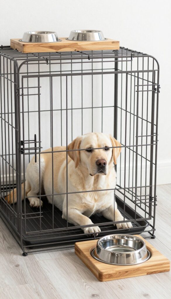 Dog crate with built-in feeding station, stainless steel bowls on side table, Labrador resting inside, bright natural light