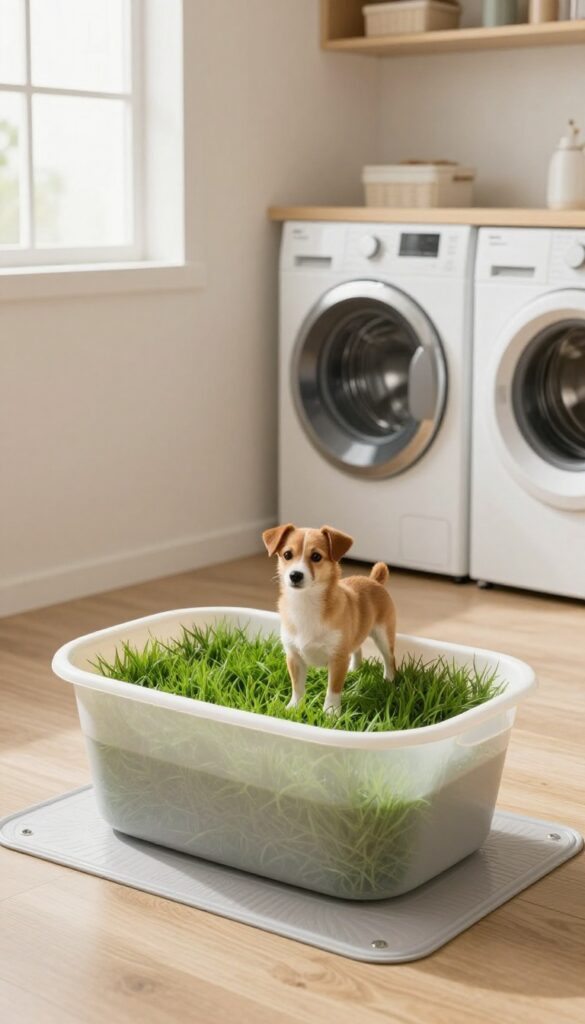 Indoor dog potty area with artificial grass patch in a laundry room, dog using it
